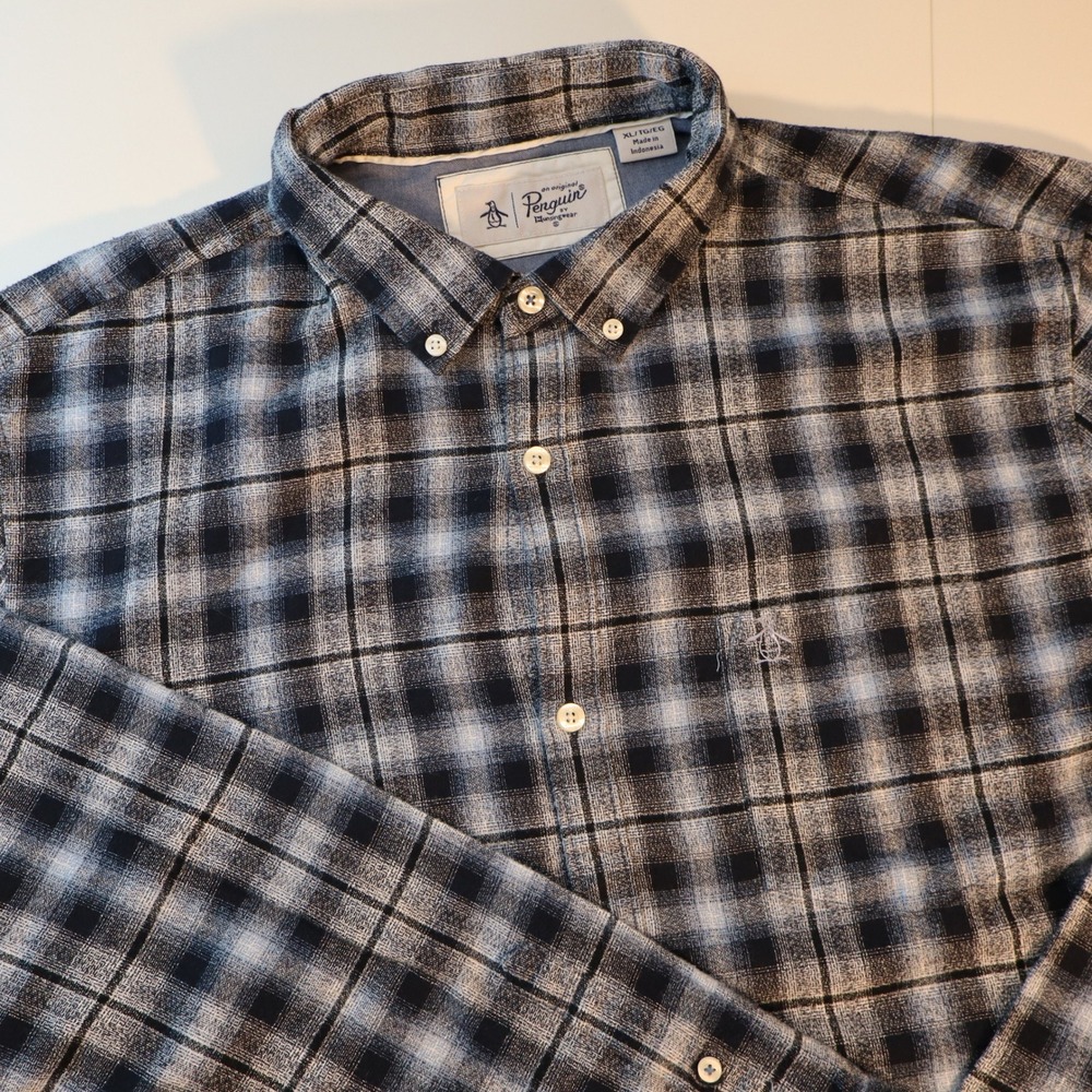 Original Penguin Mens XL Blue Black Plaid Flannel Button Down Shirt Long Sleeve